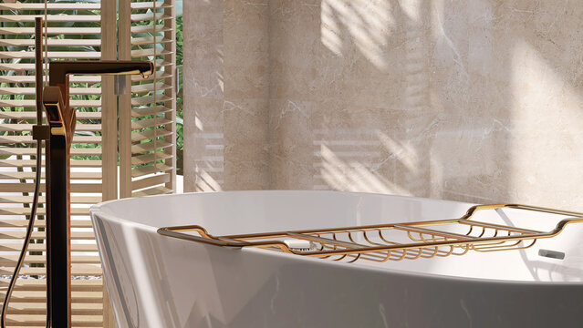 Realistic 3D Render Close Up Blank Empty Luxury Gold Bath Caddy Rack On White Ceramic Bathtub In Elegant Stylish Bathroom. Products Display, Mock Up, Backdrop, Templates, Morning Sunlight, Home Spa.