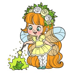 Cute cartoon little fairy casts spell with magic wand on a frog color variation for coloring page isolated on white background