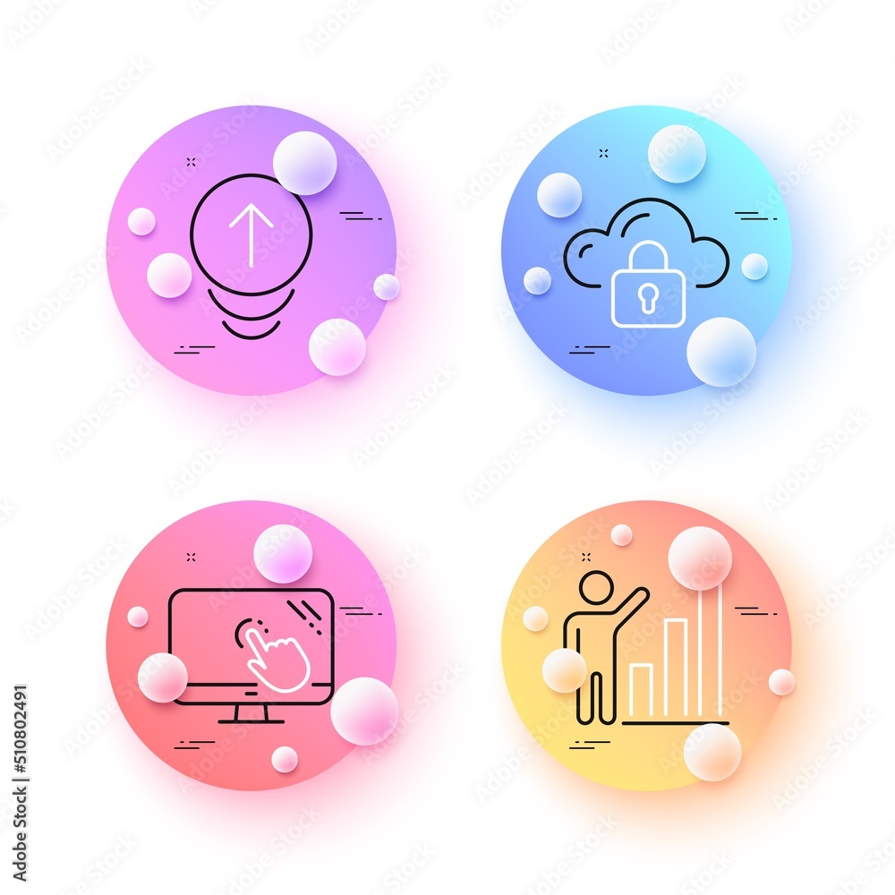 Poster cloud protection, touch screen and graph chart minimal line icons. 3d spheres or balls buttons. swip