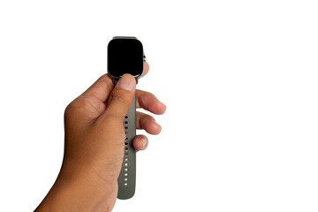 Man hand holding Smartwatch isolated on white background.