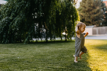 Little child walking barefoot on freshly cut green grass in sunset light in a park.