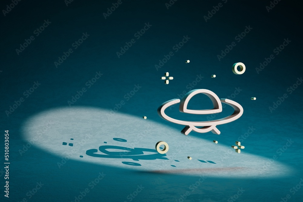 Poster Beautiful abstract illustrations Ufo and start symbol icon on a dark blue background. 3d rendering illustration. Space exploration..