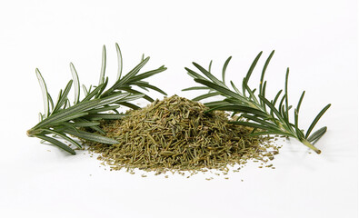 Rosemary seasoning spice leaf on white background.