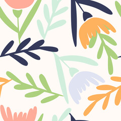 abstract trendy hand drawn floral flower and leaves seamless pattern