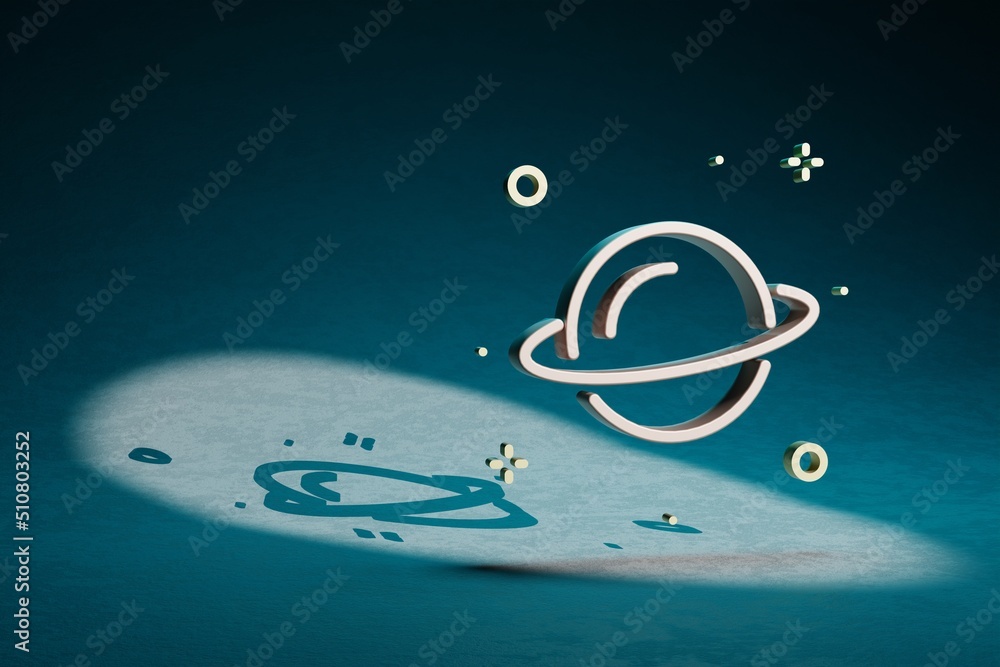 Poster Beautiful abstract illustrations Saturn and start symbol icon on a dark blue background. 3d rendering illustration. Space exploration..