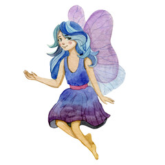 Watercolor illustration of fairy with butterfly wings. Little faerie
 with long blue hair. Magic illustration for child take. Kids party decor. Wizard lady. Dream princess in cartoon style.
