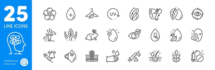 Outline icons set. Difficult stress, Slow fashion and Vaccine attention icons. No alcohol, Serum oil, Vitamin e web elements. Water drop, Hypoallergenic tested, Medical drugs signs. Vector