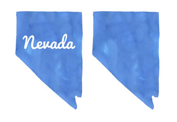 Watercolour drawing set of Nevada State Map in sky blue color in two variations: blank shape and with "Nevada" inscription. Hand painted water color sketch on white for design decoration, card, label.