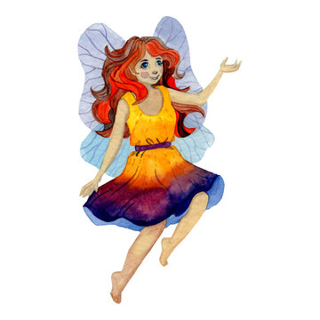 Watercolor illustration of fairy with butterfly wings. Little faerie
 with long ginger hair. Magic illustration for child take. Kids party decor. Wizard lady. Dream princess in cartoon style.