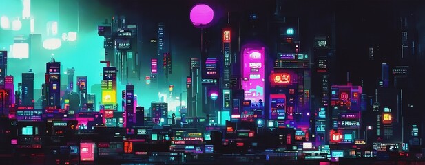 Cyberpunk neon city street at night. Futuristic city scene in a style of pixel art. 80's wallpaper. Retro future 3D illustration. Urban scene.	