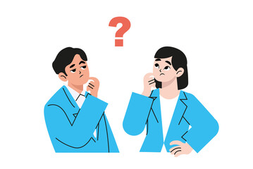 New member of society who is thinking, modern employee, man and woman, trendy creative office worker search for a solution. Flat vector illustration isolated on white background.