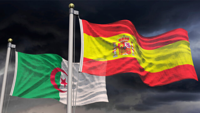Spanien-Flagge und Algerien-Flagge vor Wolkenhimmel