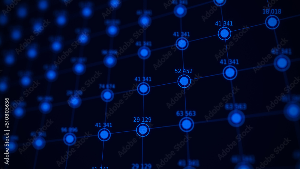 Poster Ordered structure with blue circles and numbers. Futuristic infografic. Financial analytics. Network connection. Technology blockchain concept. Connecting dots and lines on dark background. 3d