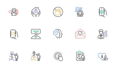 Dating app, Click hand and Third party line icons for website, printing. Collection of Love letter, Woman love, Time management icons. House protection, Ecology app, Fireworks web elements. Vector