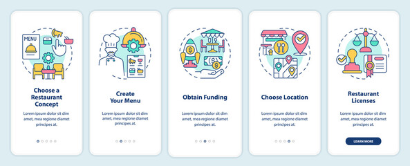 Opening restaurant steps onboarding mobile app screen. Create menu walkthrough 5 steps editable graphic instructions with linear concepts. UI, UX, GUI template. Myriad Pro-Bold, Regular fonts used