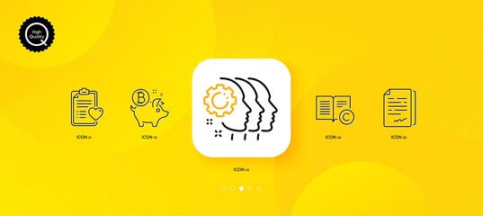 Copyright, Patient history and Bitcoin coin minimal line icons. Yellow abstract background. Employees teamwork, Document signature icons. For web, application, printing. Vector - obrazy, fototapety, plakaty