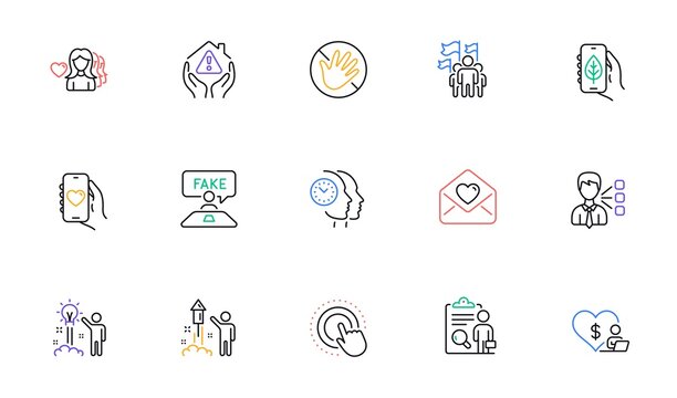 Dating app, Click hand and Third party line icons for website, printing. Collection of Love letter, Woman love, Time management icons. House protection, Ecology app, Fireworks web elements. Vector