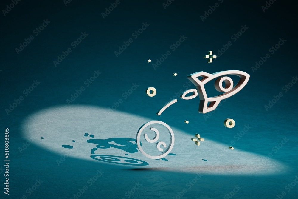 Poster Beautiful abstract illustrations Rocket Launch symbol icon on a dark blue background. 3d rendering illustration. Space exploration..