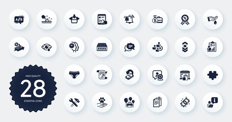 Set of Business icons, such as Payment, Document attachment and Shoulder strap flat icons. Internet report, Puzzle, Remove team web elements. Discount medal, Market, Loan percent signs. Vector