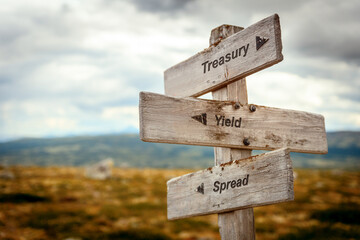 treasury yield spread text quote on wooden signpost outdoors in nature. Inflation, economy and finance concept.