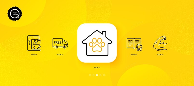 Pet Shelter, Free Delivery And Certificate Minimal Line Icons. Yellow Abstract Background. Strong Arm, Coffee Maker Icons. For Web, Application, Printing. Vector