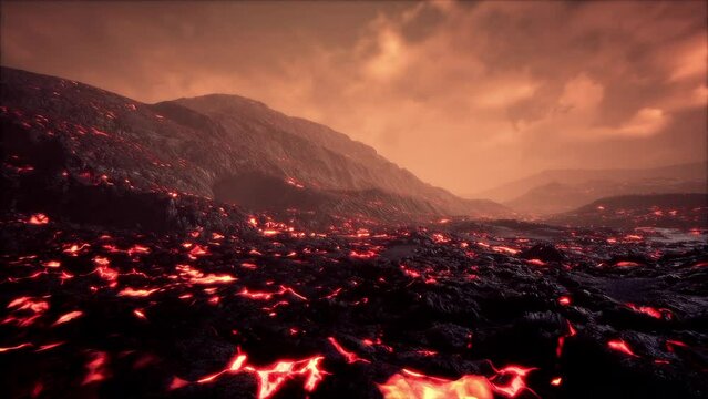 Beautiful view at night of the Active Volcano with red Lava
