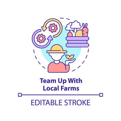 Team up with local farms concept icon. Unique restaurant business abstract idea thin line illustration. Partnership. Isolated outline drawing. Editable stroke. Arial, Myriad Pro-Bold fonts used