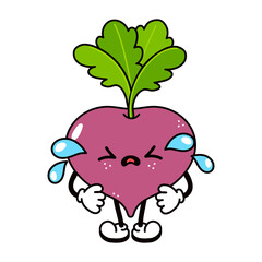 Cute funny crying sad radish character. Vector hand drawn traditional cartoon vintage, retro, kawaii character illustration icon. Isolated on white background. Cry radish character concept