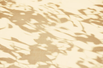 Abstract background of blurred shadows of leaves on a light wood texture in beige tones.