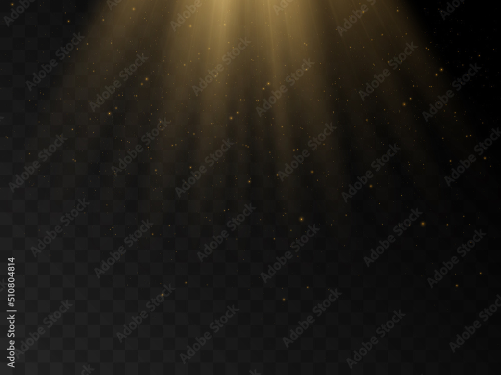 Aufkleber Stage light and golden glitter with the effect of golden rays and falling sparkling dust. Abstract golden rays to highlight your product. Sun rays. Vector	
