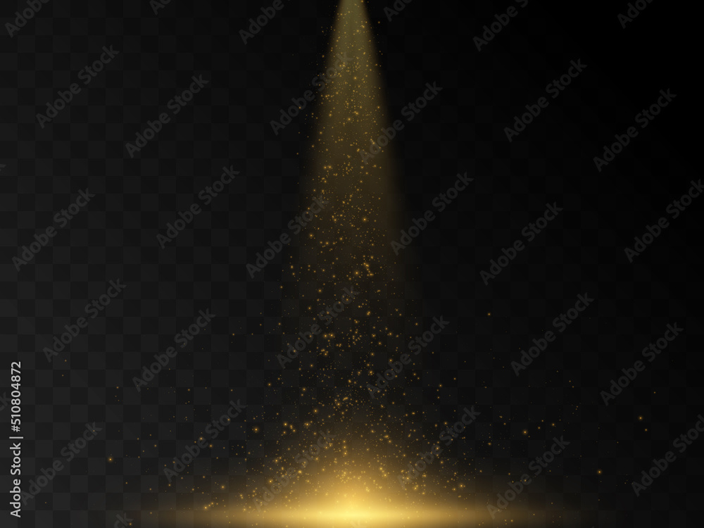 Aufkleber Stage light and golden glitter with the effect of golden rays and falling sparkling dust. Abstract golden rays to highlight your product. Sun rays. Vector	