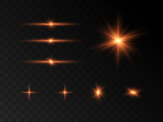Set of flares, lights and lines. Abstract golden lights isolated on transparent background. Bright light flashes with glare. Bright beams of light. Vector illustration. EPS 10