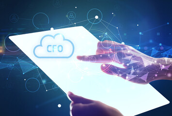 Hand holdig futuristic tablet concept