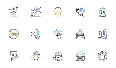 Volunteer, Microscope and Thermometer line icons for website, printing. Collection of Medical mask, Skin cream, Celsius thermometer icons. Eu close borders, Mint leaves, Skin care web elements. Vector