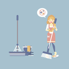 Fototapeta premium Female house cleaner, woman holding broom with mop, bucket, chore, cleaning concept, flat cartoon character design vector illustration