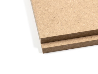 Two boards of raw mdf, photographed in the upper right corner, on a white background.