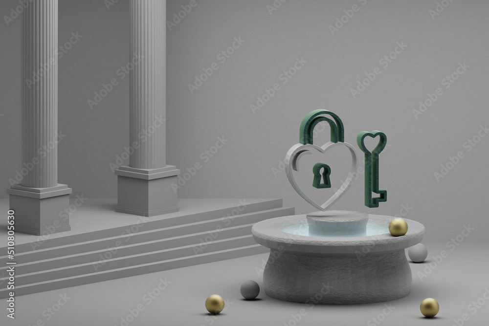 Aufkleber Beautiful abstract illustrations Heart Padlock symbol icon on a fountain and column background. 3d rendering illustration. Background pattern for design. Wedding day.