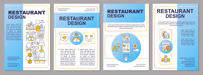 Restaurant interior design blue brochure template. Small business. Leaflet design with linear icons. Editable 4 vector layouts for presentation, annual reports. Arial, Myriad Pro-Regular fonts used