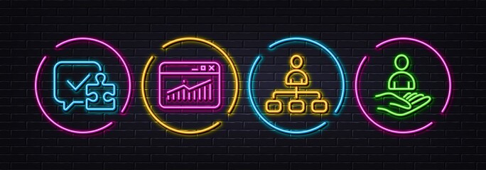 Management, Website statistics and Puzzle minimal line icons. Neon laser 3d lights. Recruitment icons. For web, application, printing. Agent, Data analysis, Jigsaw game. Hr. Vector