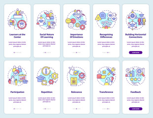 Principles of learning onboarding mobile app screen set. Walkthrough 5 steps editable graphic instructions with linear concepts. UI, UX, GUI template. Myriad Pro-Bold, Regular fonts used
