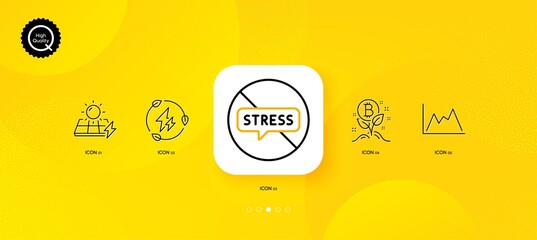 Fototapeta na wymiar Green electricity, Stop stress and Diagram minimal line icons. Yellow abstract background. Solar panels, Bitcoin project icons. For web, application, printing. Vector