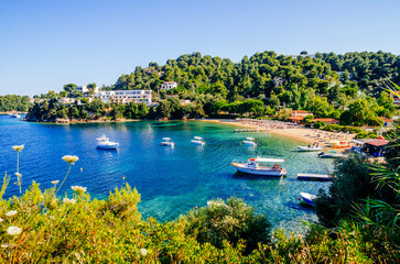 Troulos beach, Skiathos island, Greece. Beautiful vivid panorama view of blue aegean sea coast from wild cliff.  Summer holiday vacation tour to greek islands. © hitdelight