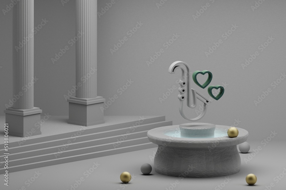 Poster Beautiful abstract illustrations Saxophone with heart symbol icon on a fountain and column background. 3d rendering illustration. Background pattern for design. Wedding day.