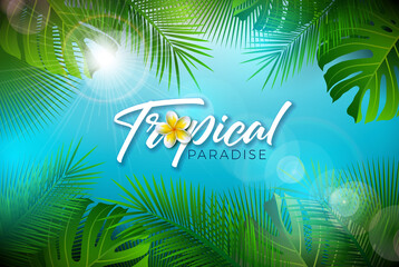 Fototapeta na wymiar Summer Holiday Design with Sunglasses and Tropical Flower on Dark Green Background. Vector Template with Typography Lettering and Palm Leaf for Banner, Flyer, Invitation, Brochure, Poster or Greeting