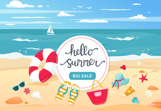Summer sale banner. Hand drawn lettering, beach and cute elements. Template vector illustration