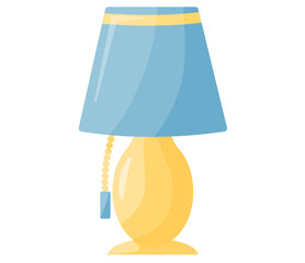 Table lamp, interior element isolated on white background. Lighting device in flat design for bedroom, sconce. Cartoon furniture or decoration icon night light. Yellow metal lamp with blue felt top