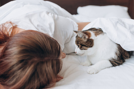 Happy young woman with cat in bed at home. In cold weather, the pet warms up under a blanket. Pet friendly and grooming concept. Stray kitten sleep on bed. Cozy home background, morning bedtime.