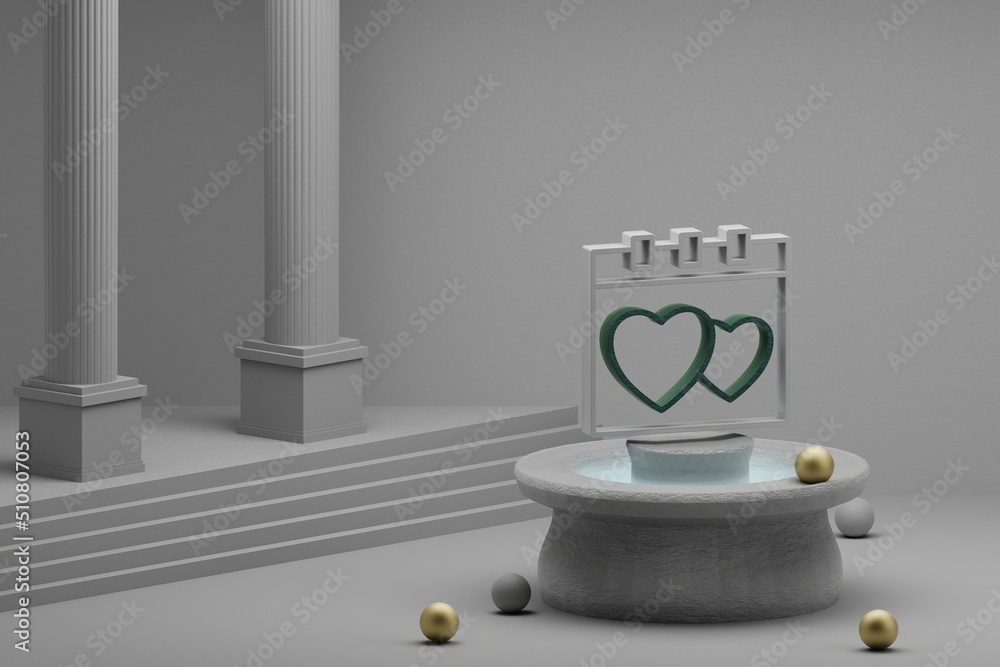 Poster Beautiful abstract illustrations Wedding Date with heart symbol icon on a fountain and column background. 3d rendering illustration. Background pattern for design. Wedding day.