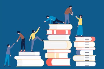 People climbing books. Knowledge base strategy of business development. Goal achievement, teamwork and support in education. Book pile recent vector scene