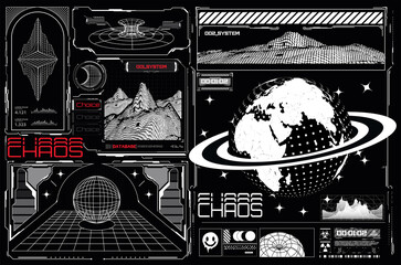 Trendy brutalism style posters with geometric shapes frames, mountains, planet. Modern minimalistic futuristic print with elements of games. Sci fi and HUD box elements for Futuristic design. Vector 